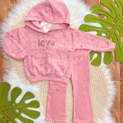 Conj. Casaco de Moletom Love com Capuz e Calça Legging Flare - Rose